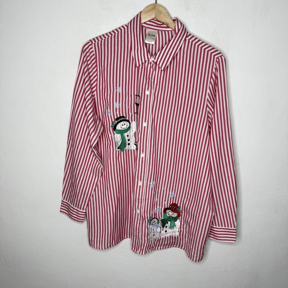 Blair Red White Stripe Snowman Appliqué Long Sleeve Shirt Women's Large
